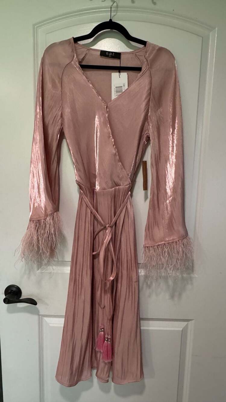 Metallic Pink Feather Cuff Midi Dress Coquette Balletcore Party Glam NWT
